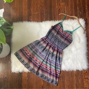 Y2K Colorful Tribal Mini Dress Smocking Bodice Size Medium
